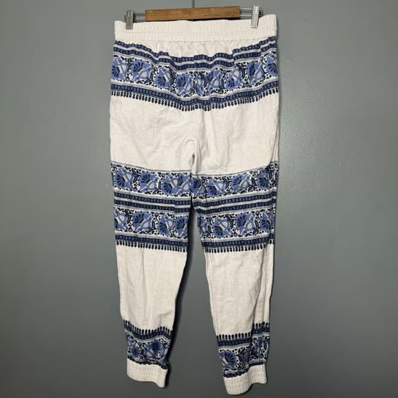 Women's Loft Size Small Linen Blend Boho Joggers Drawstrings Artsy Beach Geo Blu - Picture 4 of 4